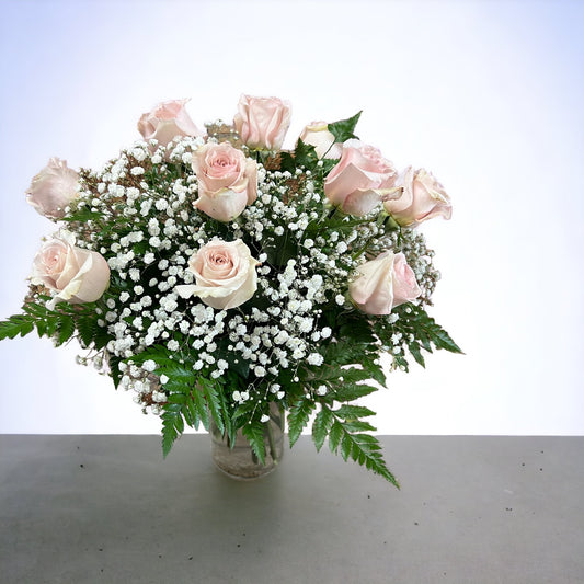 Twelve Pink Roses in a Vase